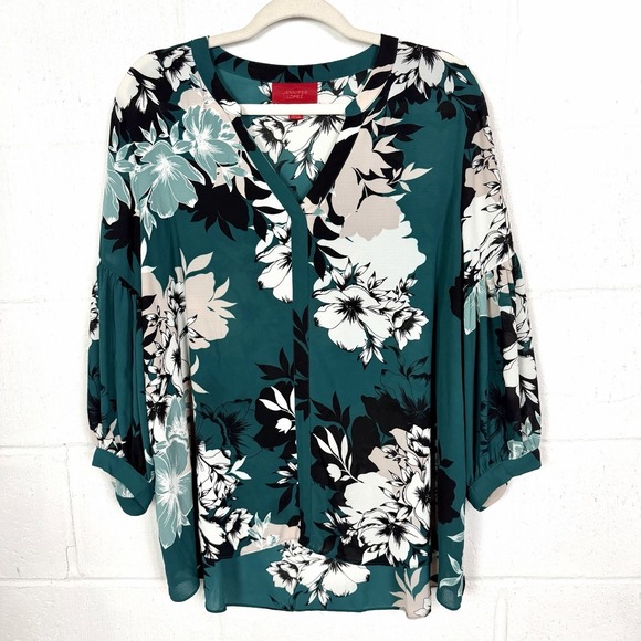 JLO Tops - Jennifer Lopez Button Up Top Green Floral Balloon Sleeves Flowy Office Bloom XXL